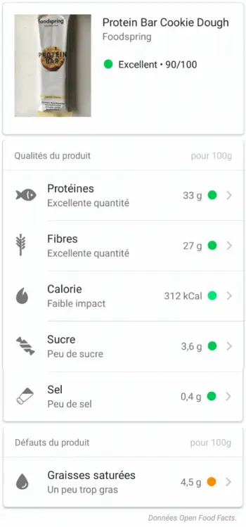 Le résultat de Yuka pour les barres protéinés de Foodspring