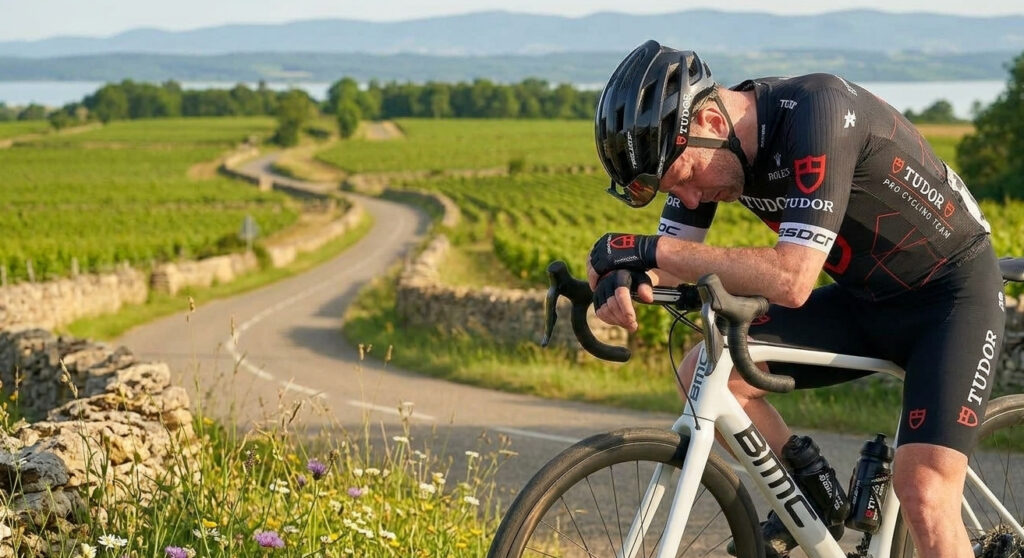 Un cycliste fatigué qui se repose sur son cintre