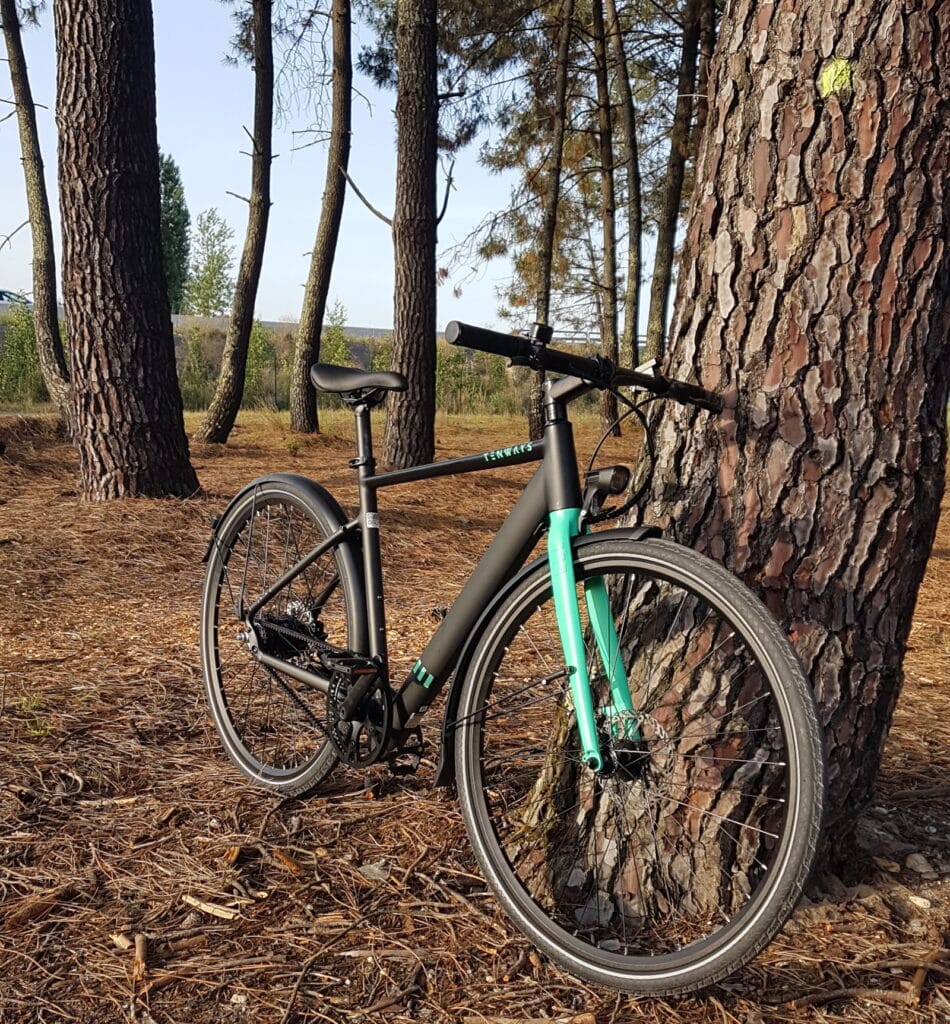 Le vélo Tenways devant une forêt de pin