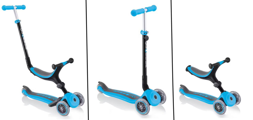 Le Globber se transforme en porteur guidé, draisienne et trottinette pour enfants