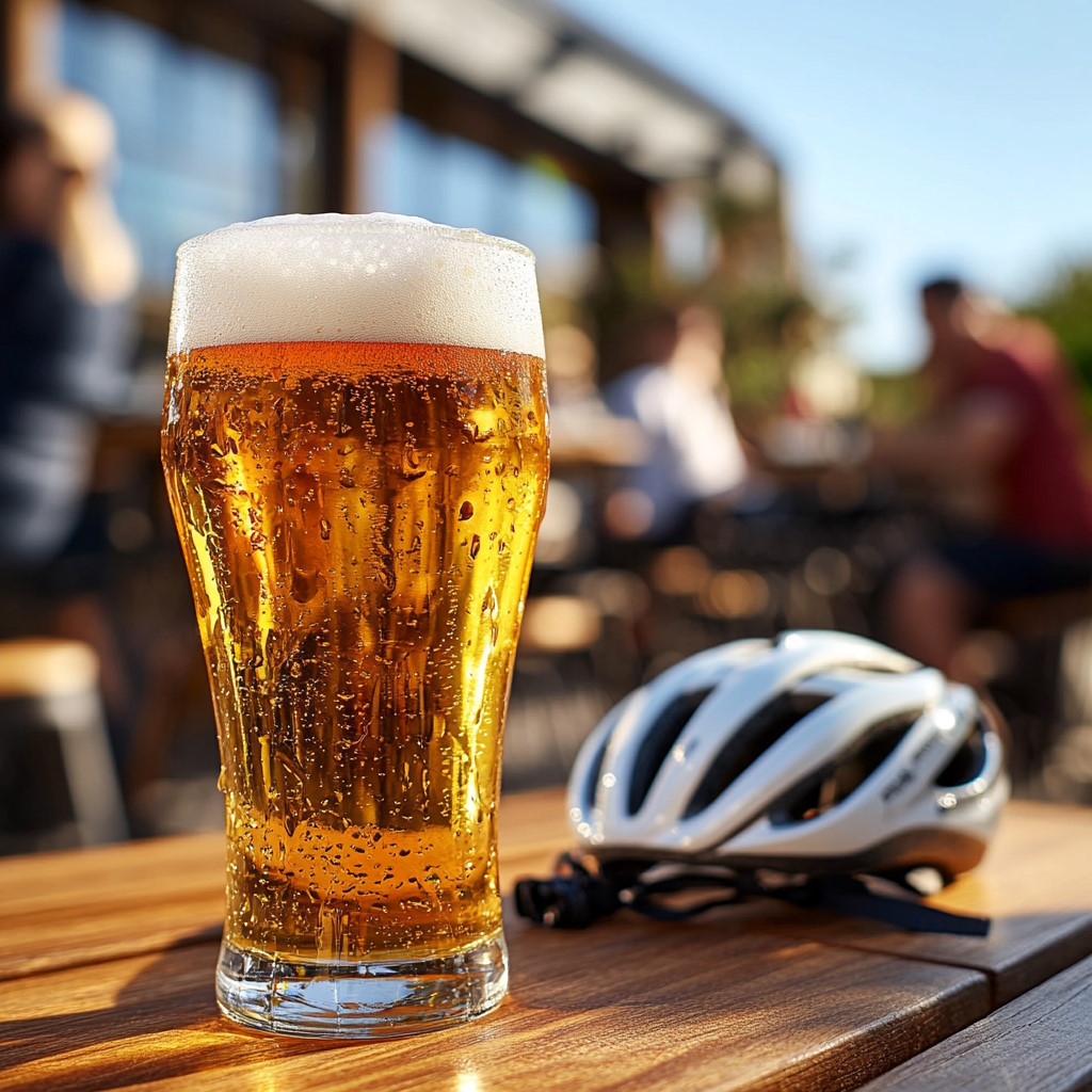 Une pinte de bière sur une table devant le casque d'un cycliste