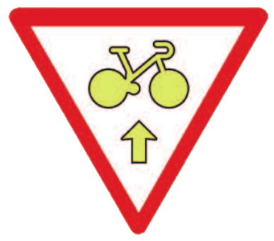 panneau triangulaire rouge avec un vélo et une flèche jaune au milieu en dessous d’un feu tricolore (M12)