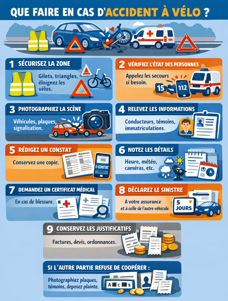 Infographie sur un accident de vélo : la checklist d’urgence