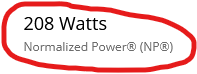 Garmin Connect qui indique 208 Watts NP