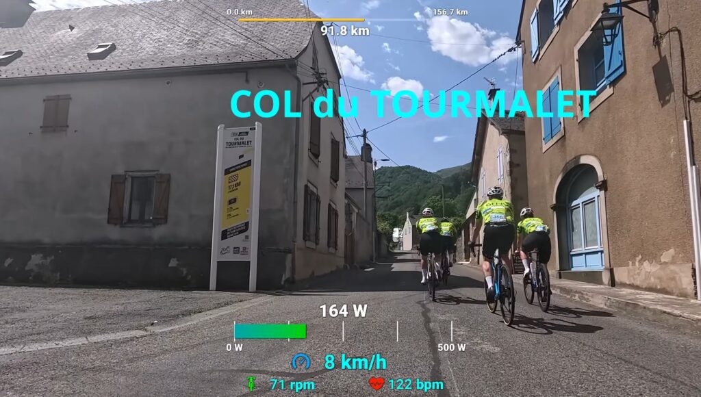 Début au panneau qui indique COL DU TOURMALET avec un groupe de cycliste GFNY