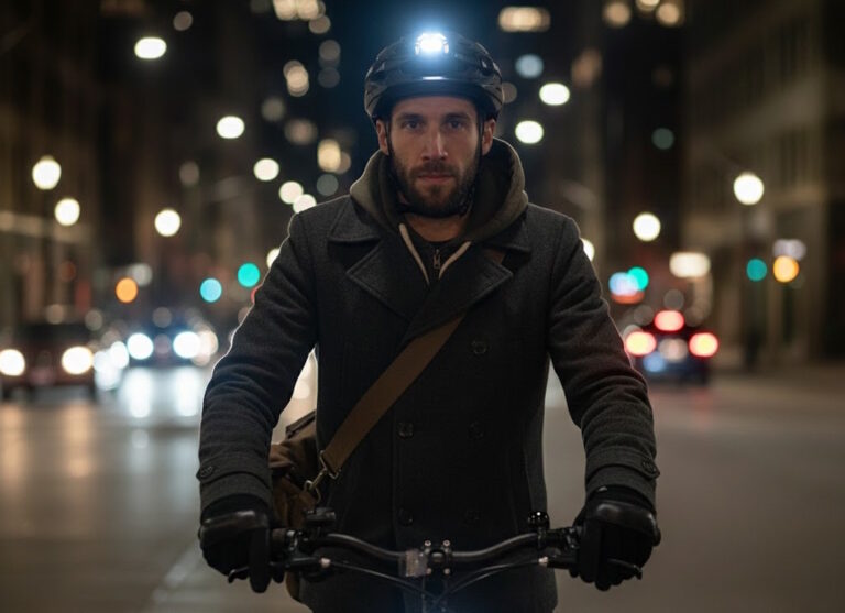 Un cycliste de face qui est sur son vélo en ville et qui utilise une frontale pour s'éclairer