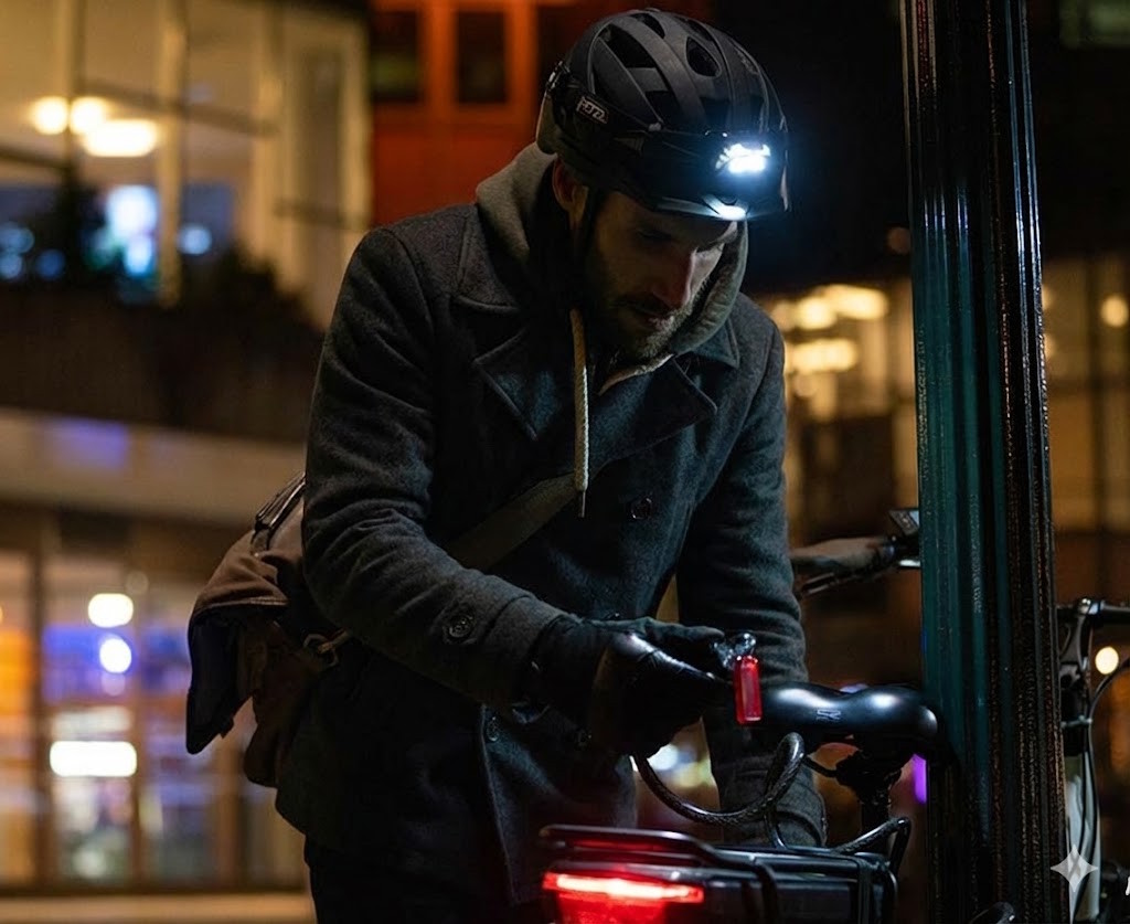 Un cycliste qui attache son vélo en ville avec une frontale