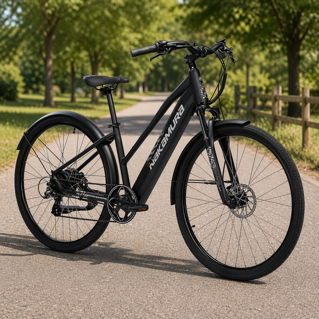 Vtc électrique adulte E-Crossover S dans un chemin avec des arbres