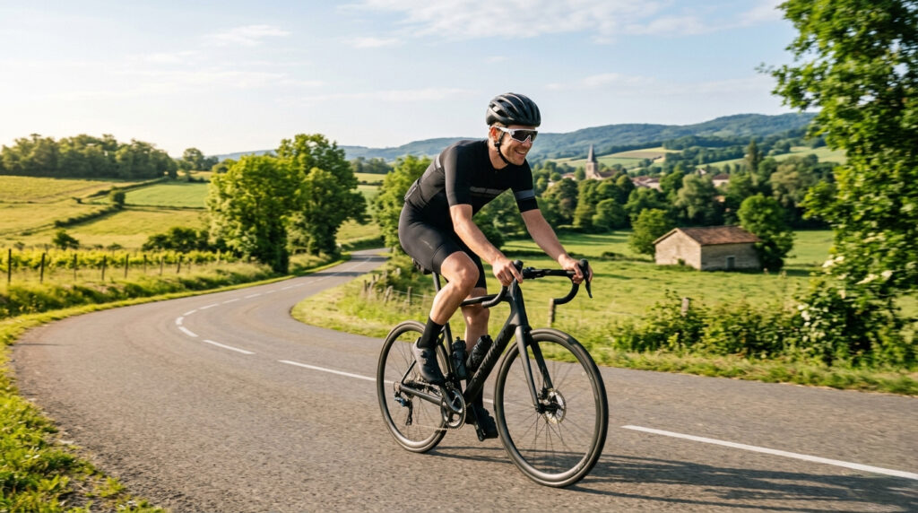 Un cycliste dans une plaine en campagne
