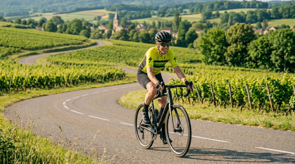 Cycliste en tenue jaune qui se trouve dans une plaine