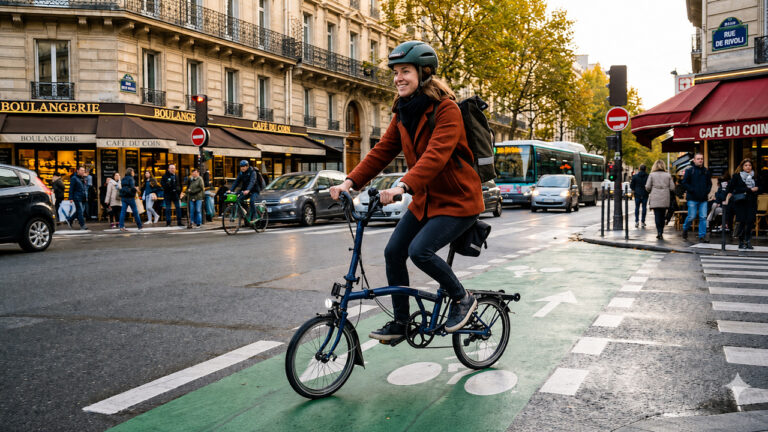 Une femme sur un vélo pliant en ville dans Paris