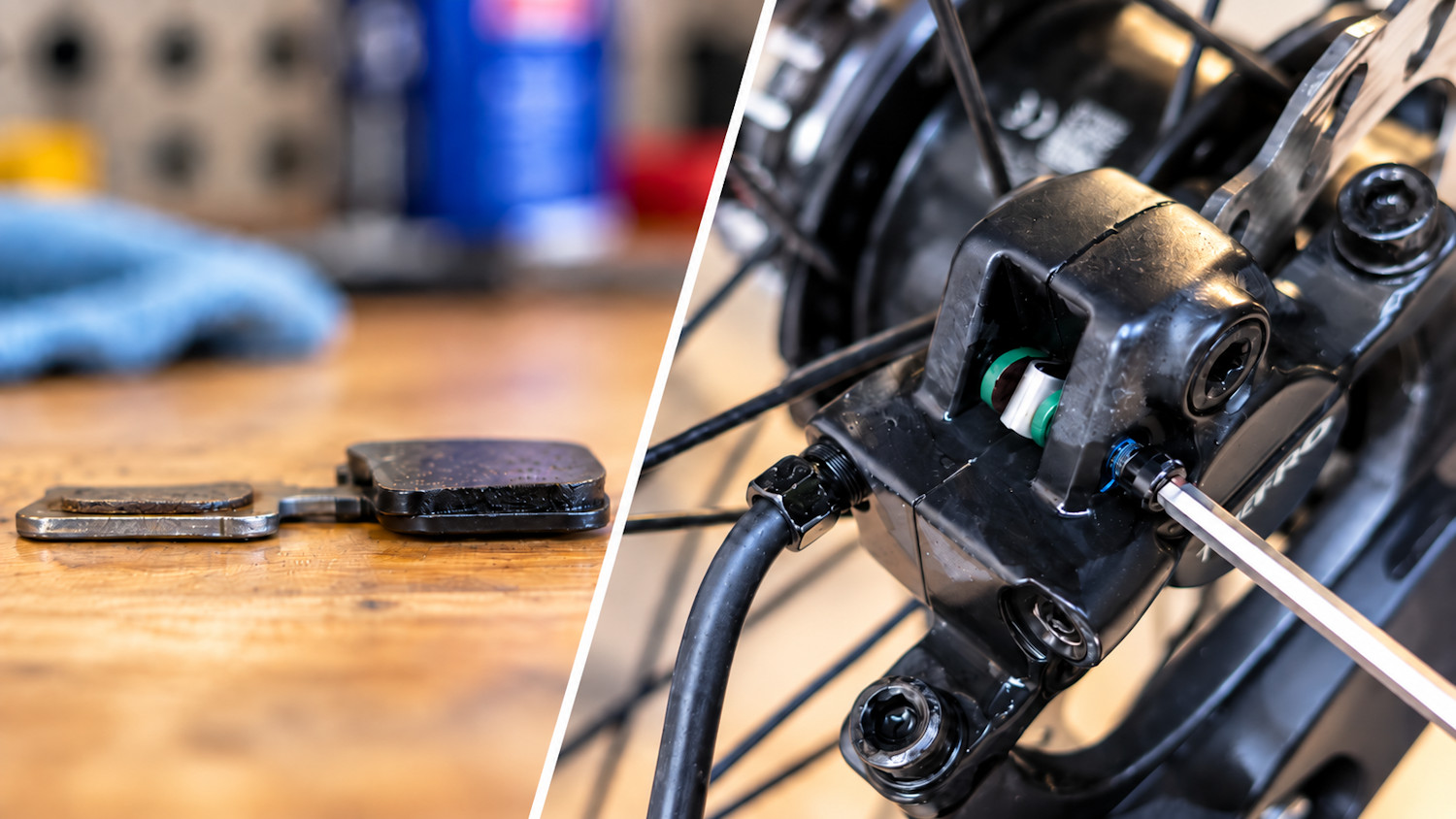 Comparaison d’une plaquette de frein à disque usée et neuve devant un étrier Tektro de vélo
